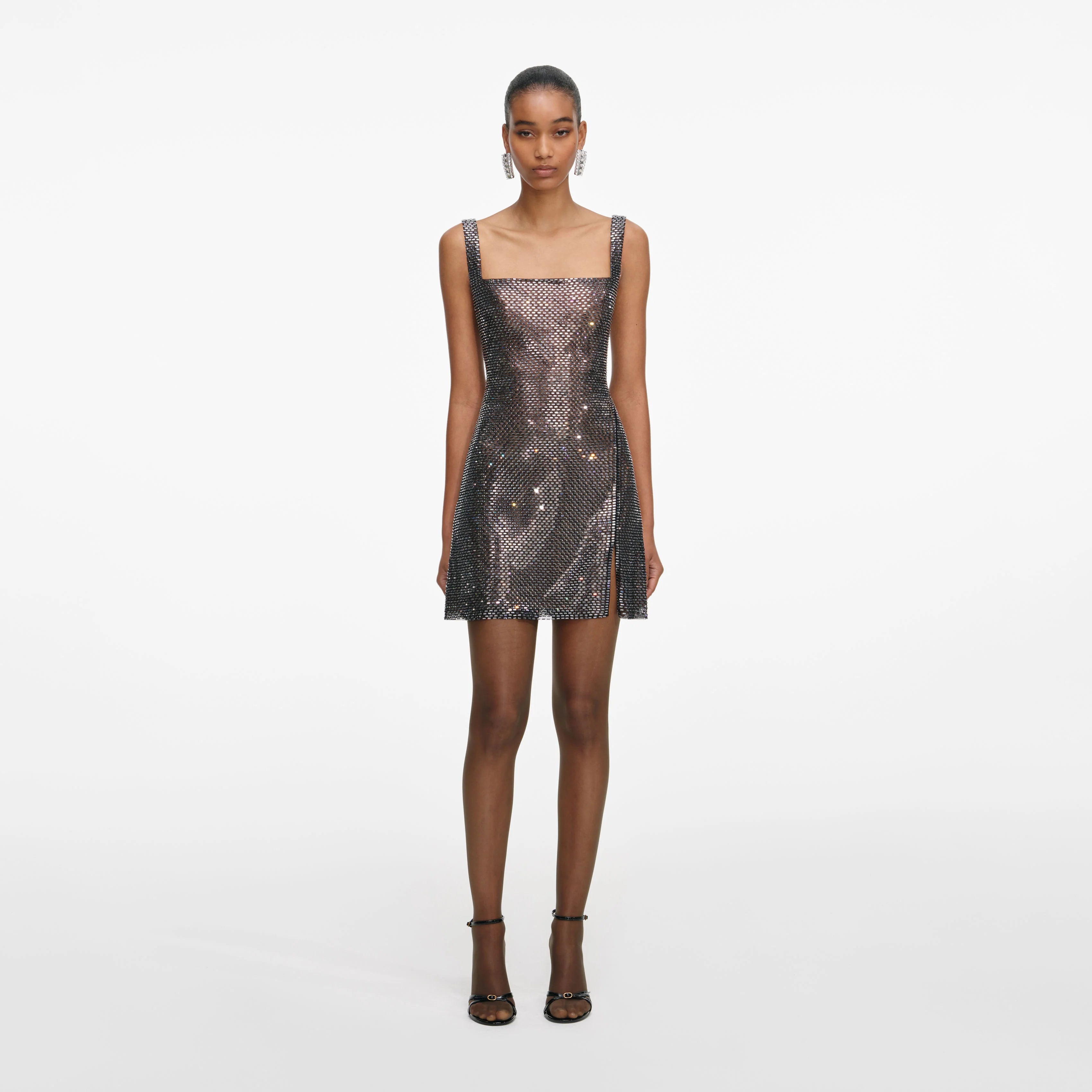 Gunmetal Rhinestone Mesh Mini Dress