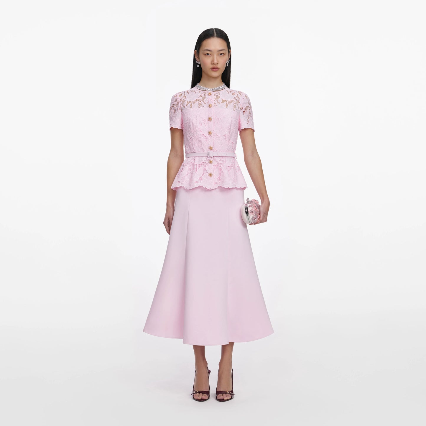 Pink Lace Crepe Midi Dress