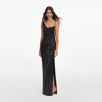 Black Rhinestone Draped Maxi Dress