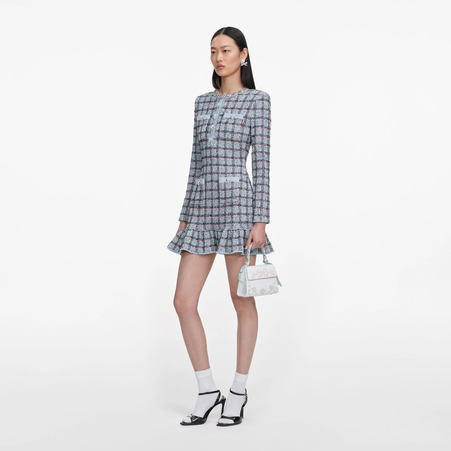 Blue Check Knit Mini Dress