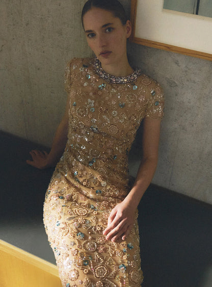 Champagne Sequin Embroidered Maxi Dress