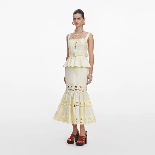 Yellow Linen Peplum Midi Dress
