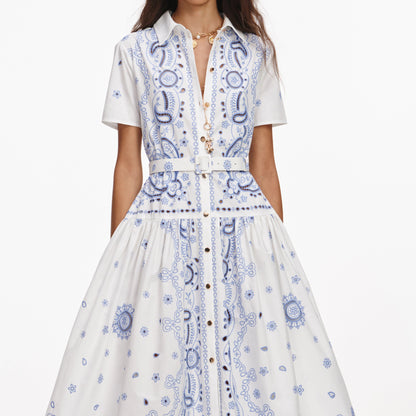 White And Blue Embroidered Midi Dress