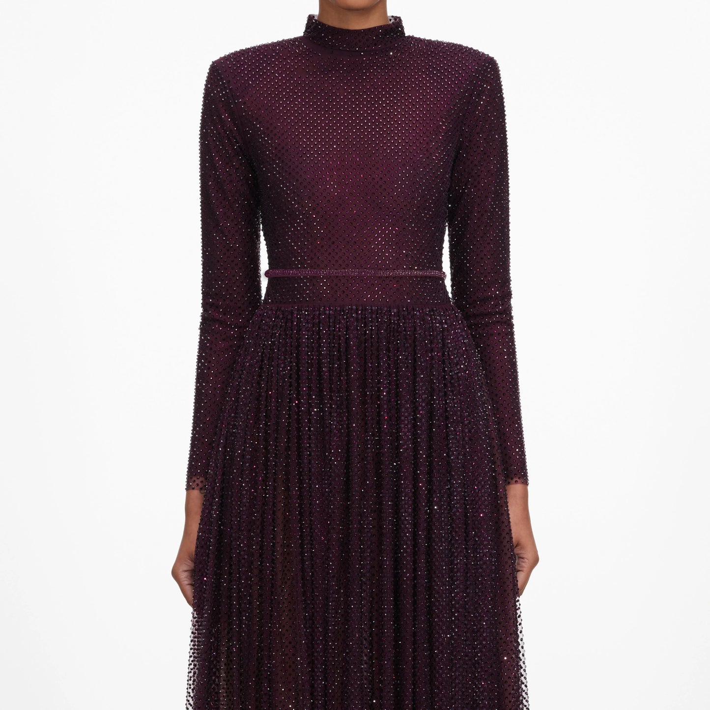 Burgundy Rhinestone Long Sleeve Maxi Dress