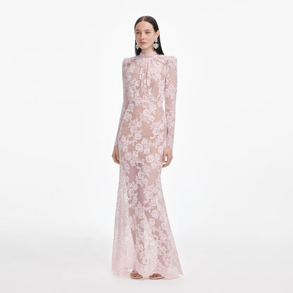 Pale Pink Rhinestone Lace Maxi Dress