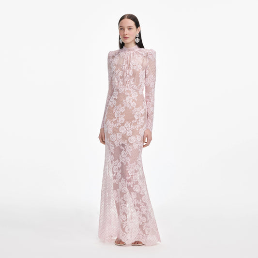 Pale Pink Rhinestone Lace Maxi Dress
