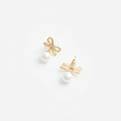 Gold Bow Pearl Earrings