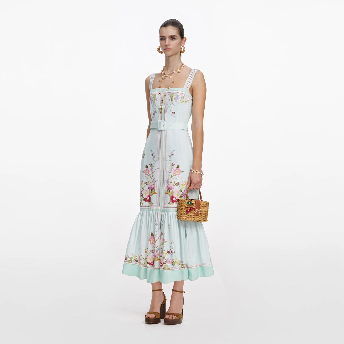 Mint Floral Linen Midi Dress