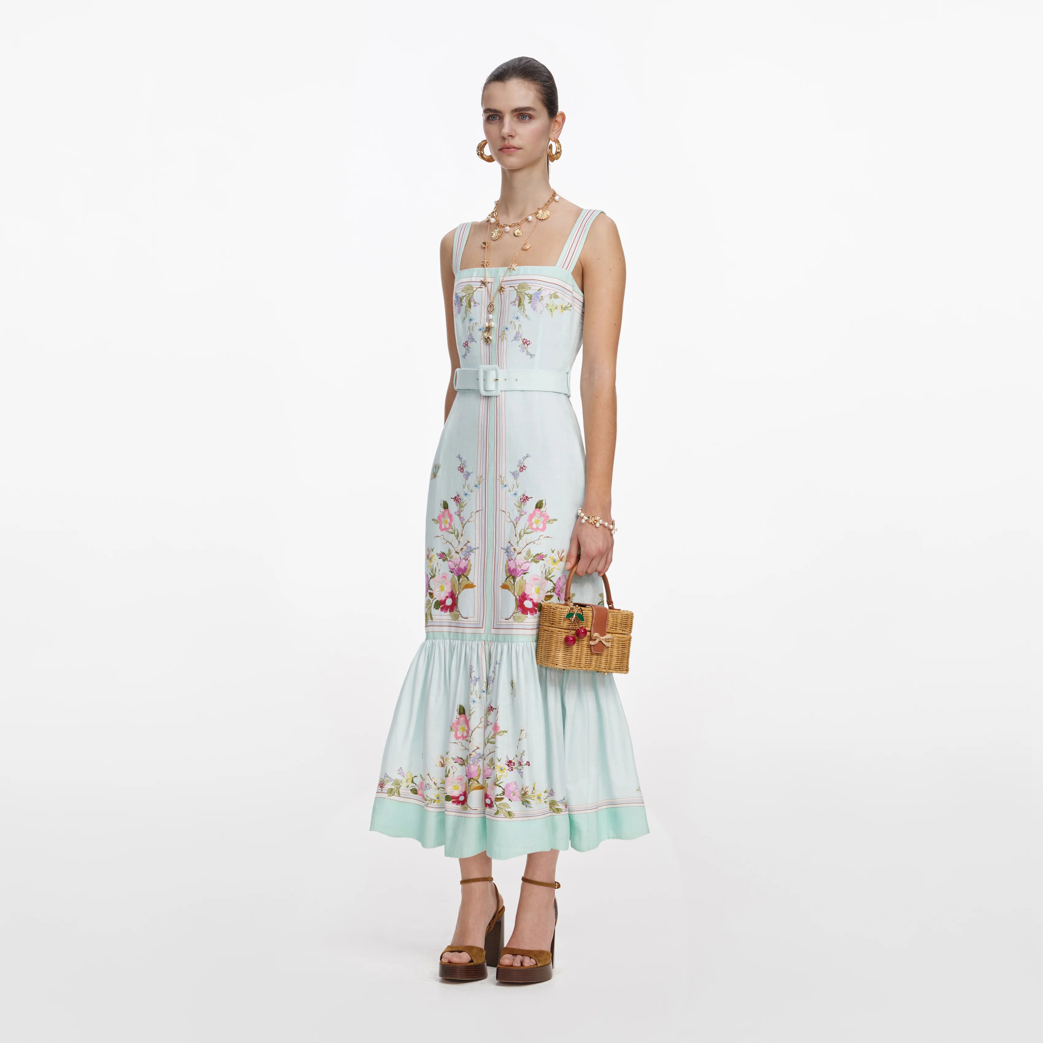 Mint Floral Linen Midi Dress