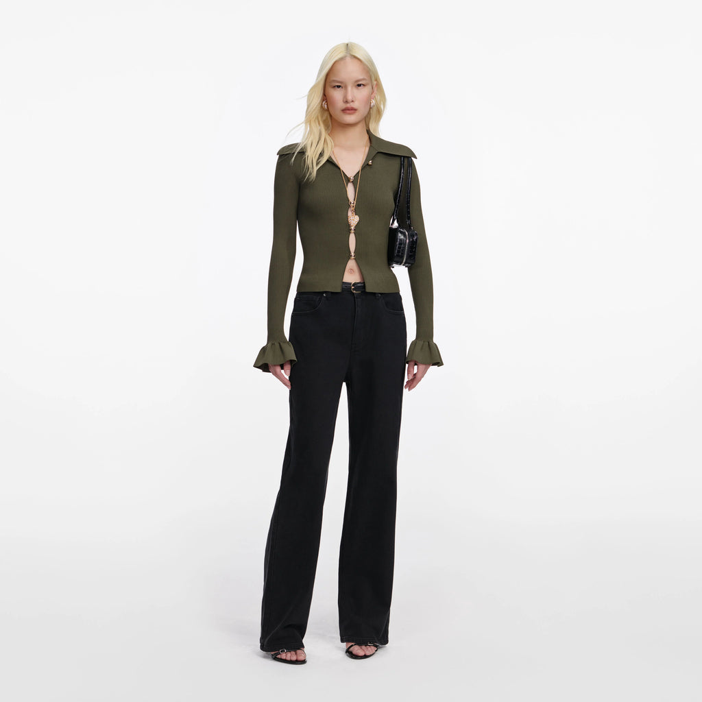 Khaki Button Down Knit Top