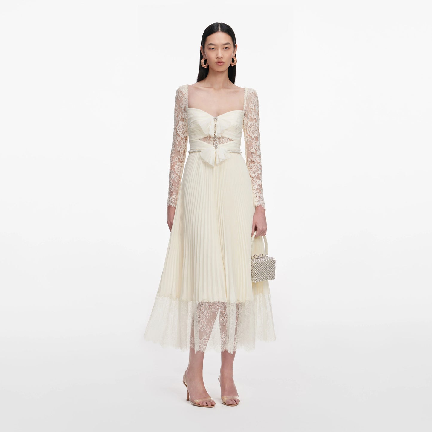 Cream Chiffon Lace Midi Dress