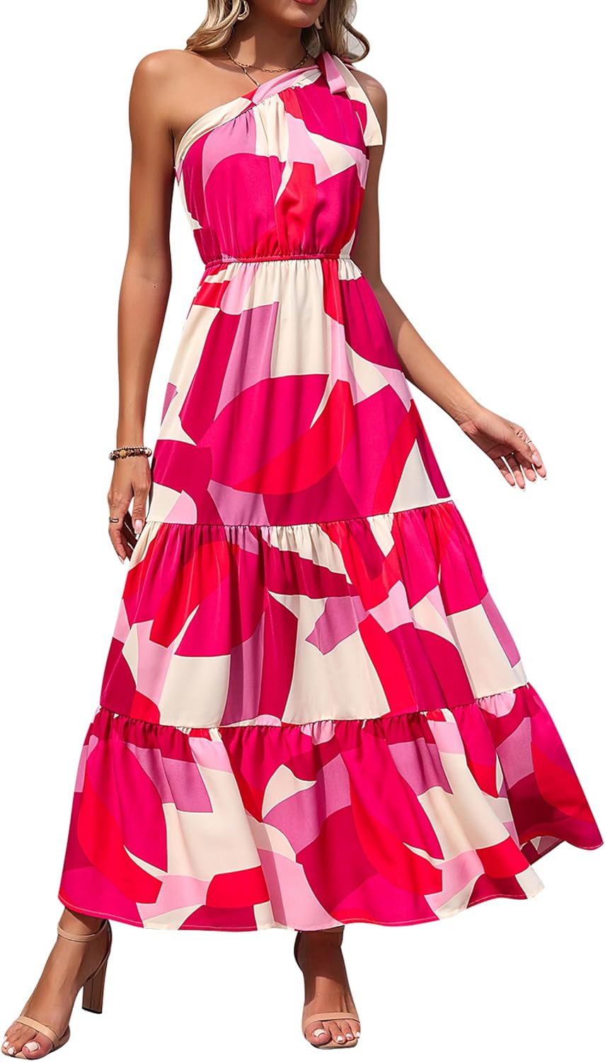Women's Summer Floral One Shoulder Maxi Dress Knot Ruffle Boho Beach Vacation Wedding Guest Long Sun Dresses