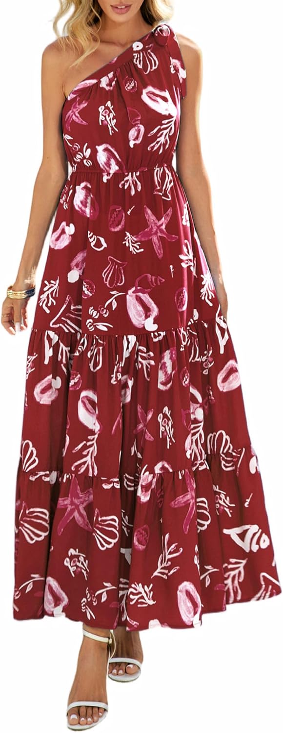 Women's Summer Floral One Shoulder Maxi Dress Knot Ruffle Boho Beach Vacation Wedding Guest Long Sun Dresses
