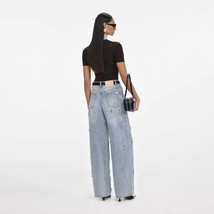 Light Blue Embellished Wide Leg Jeans