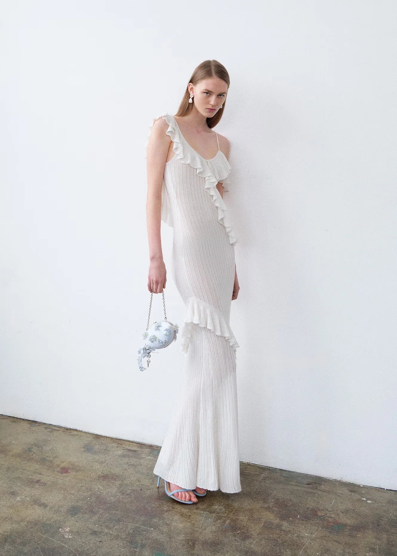 White Ruffle Knit Maxi Dress