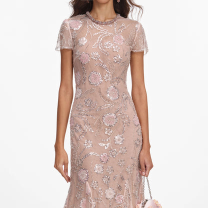 Pink Flower Sequin Embellished Midi Dress