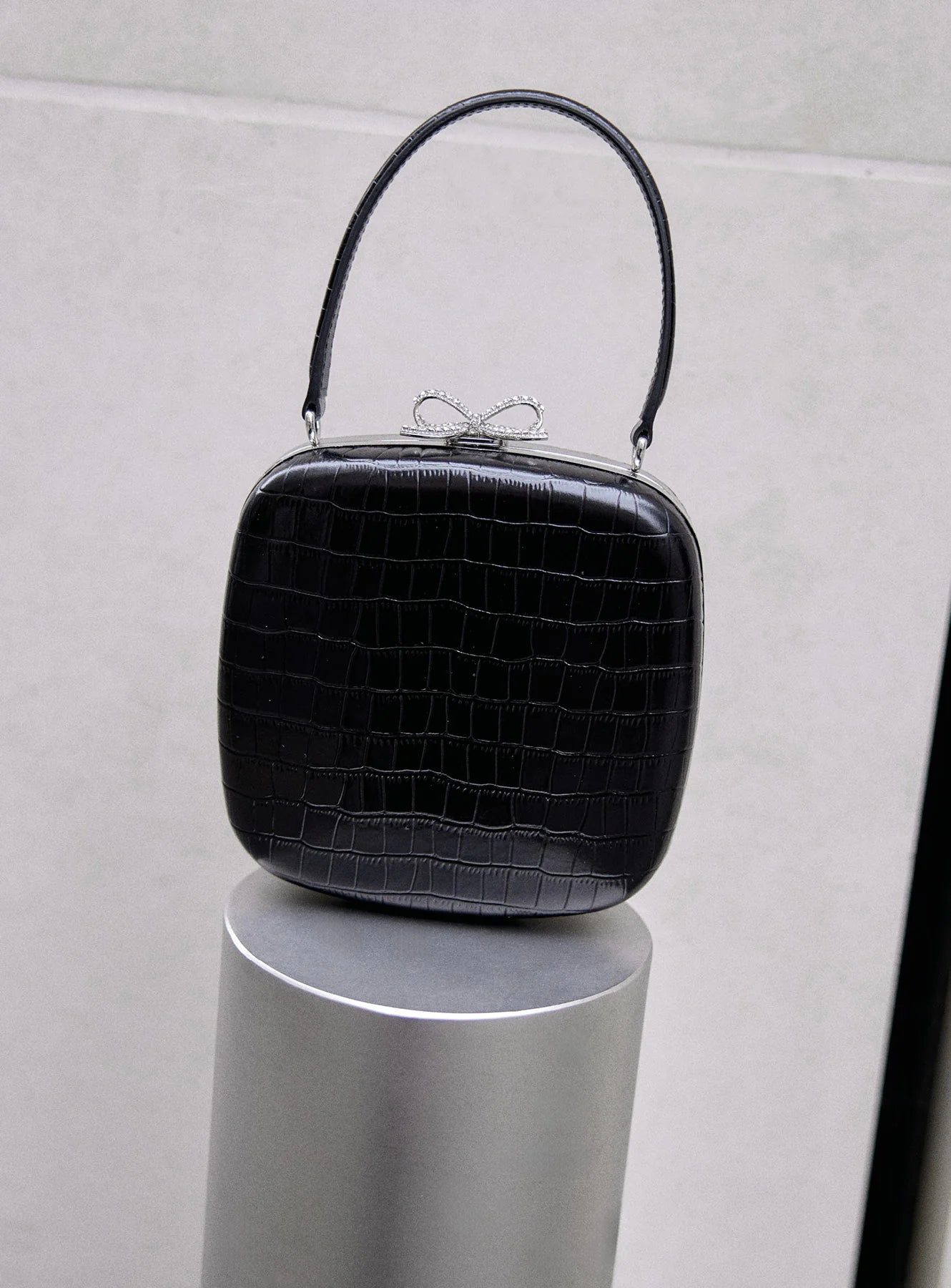 Black Croc Leather Compact Mini Bag