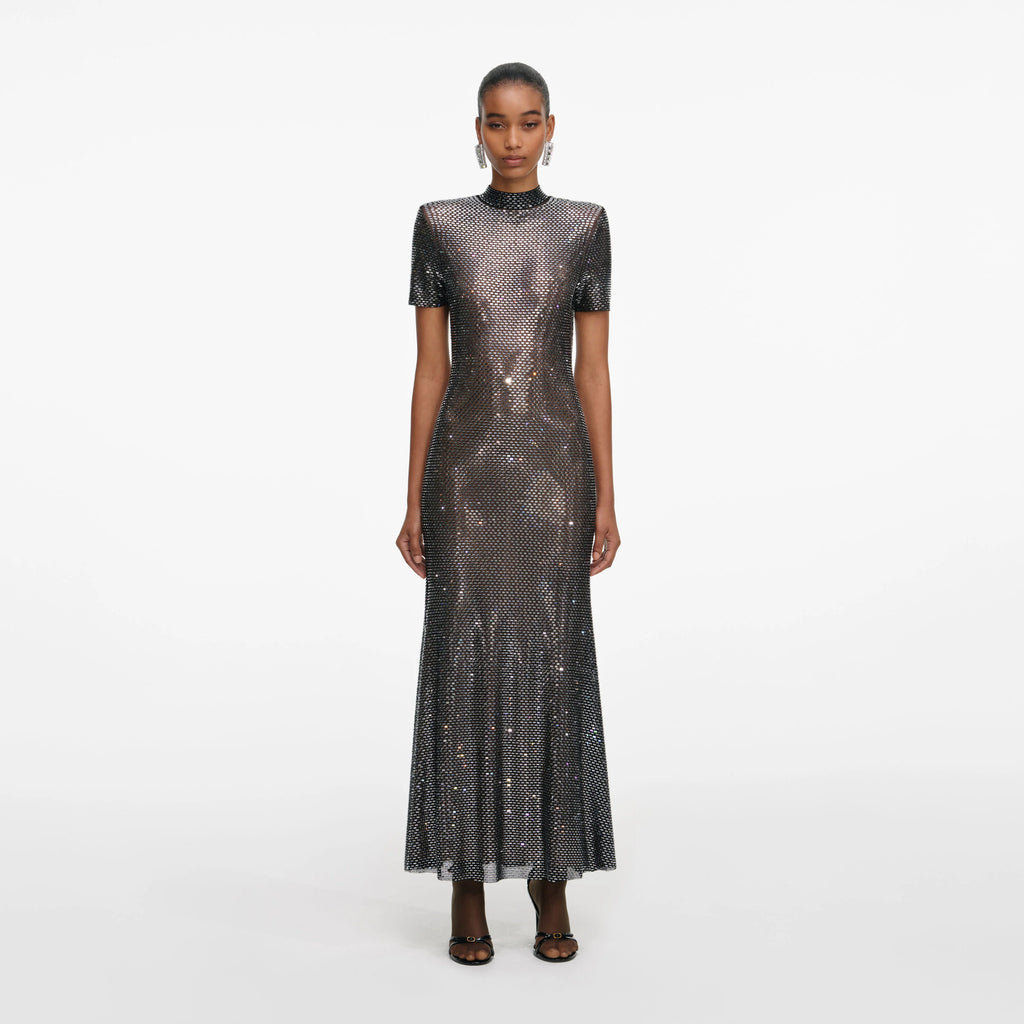 Gunmetal Rhinestone Mesh Midi Dress