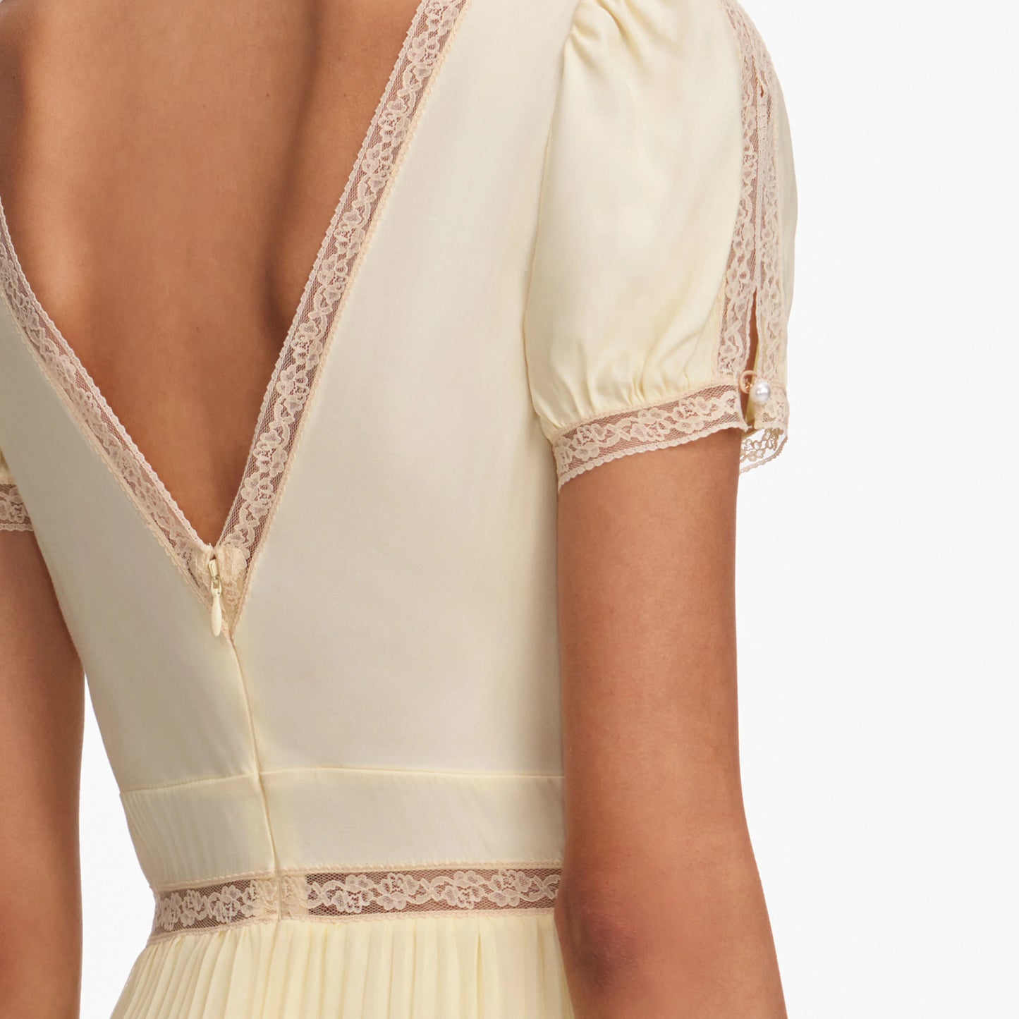 Yellow Viscose Pleated Lace Midi Dress