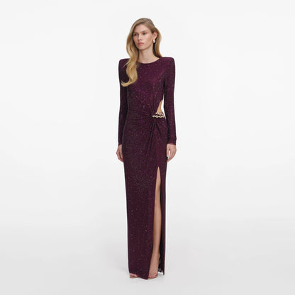 Burgundy Rhinestone Embellished Maxi Dress