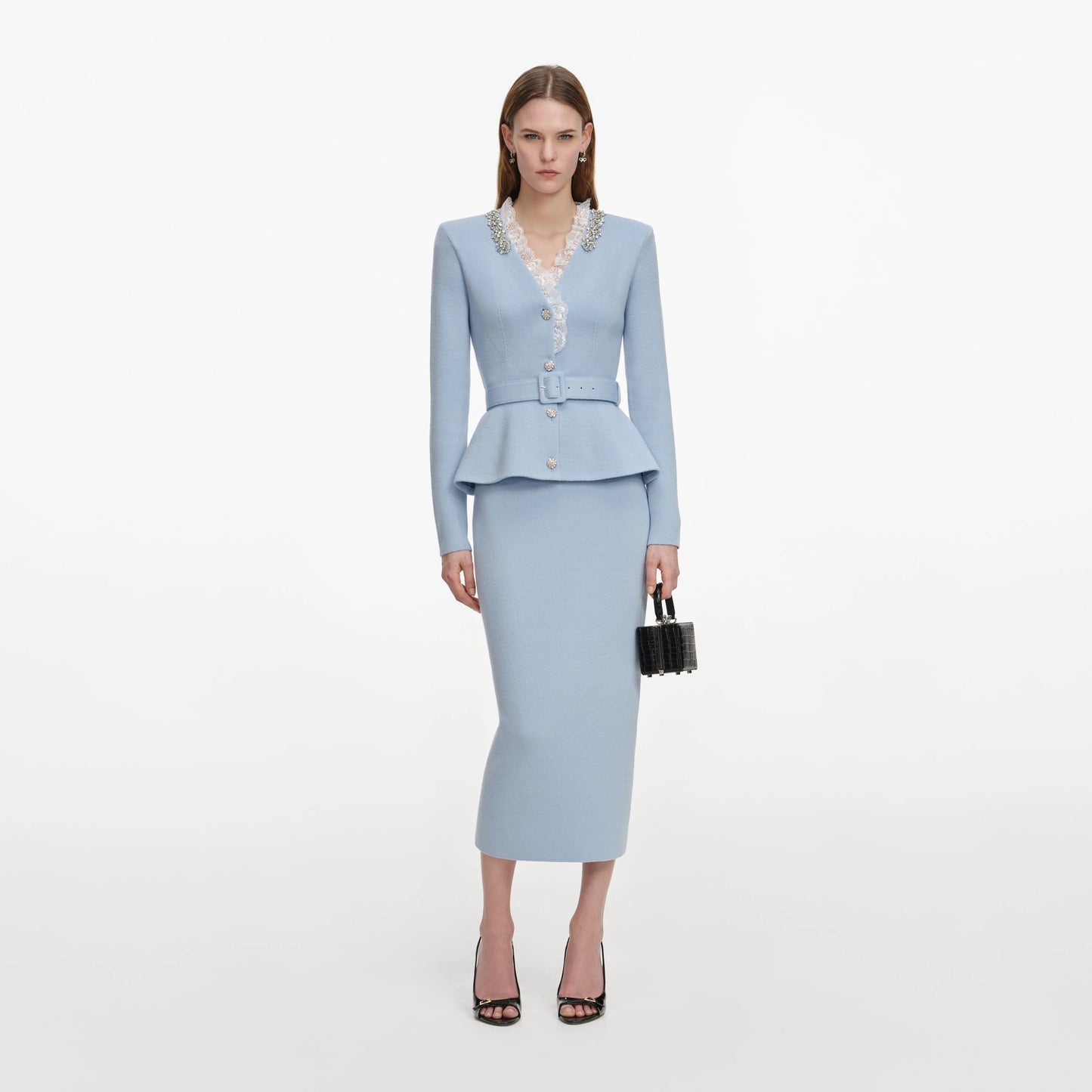 Blue Crystal Trim Knit Midi Dress