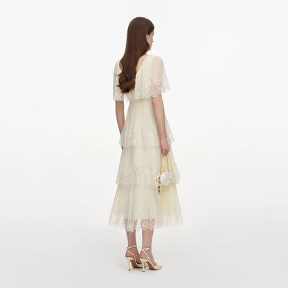 Yellow Chiffon Tiered Midi Dress