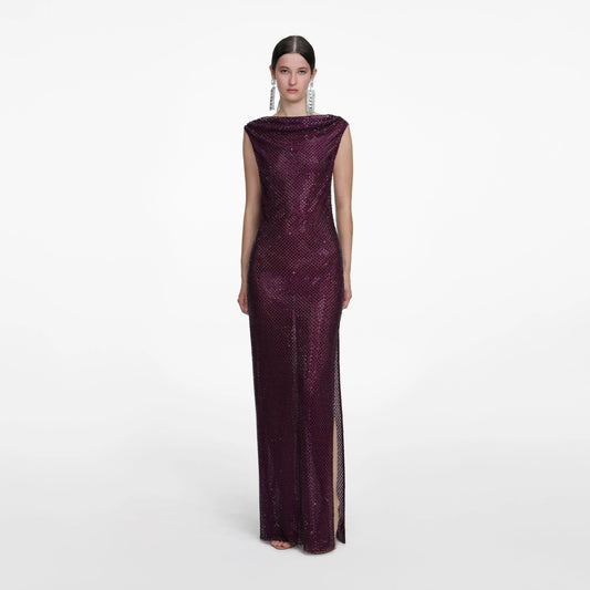 Burgundy Rhinestone Drape Maxi Dress