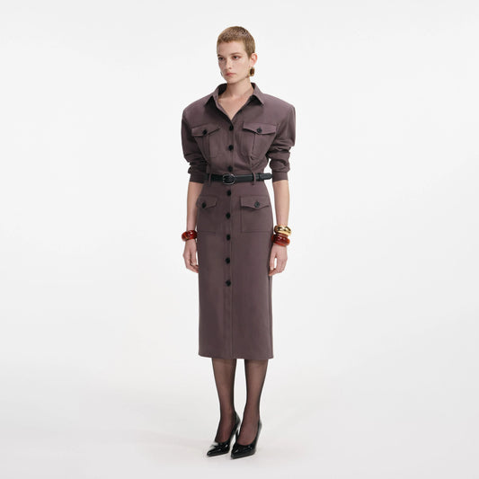 Brown Cotton Belted Midi Dress