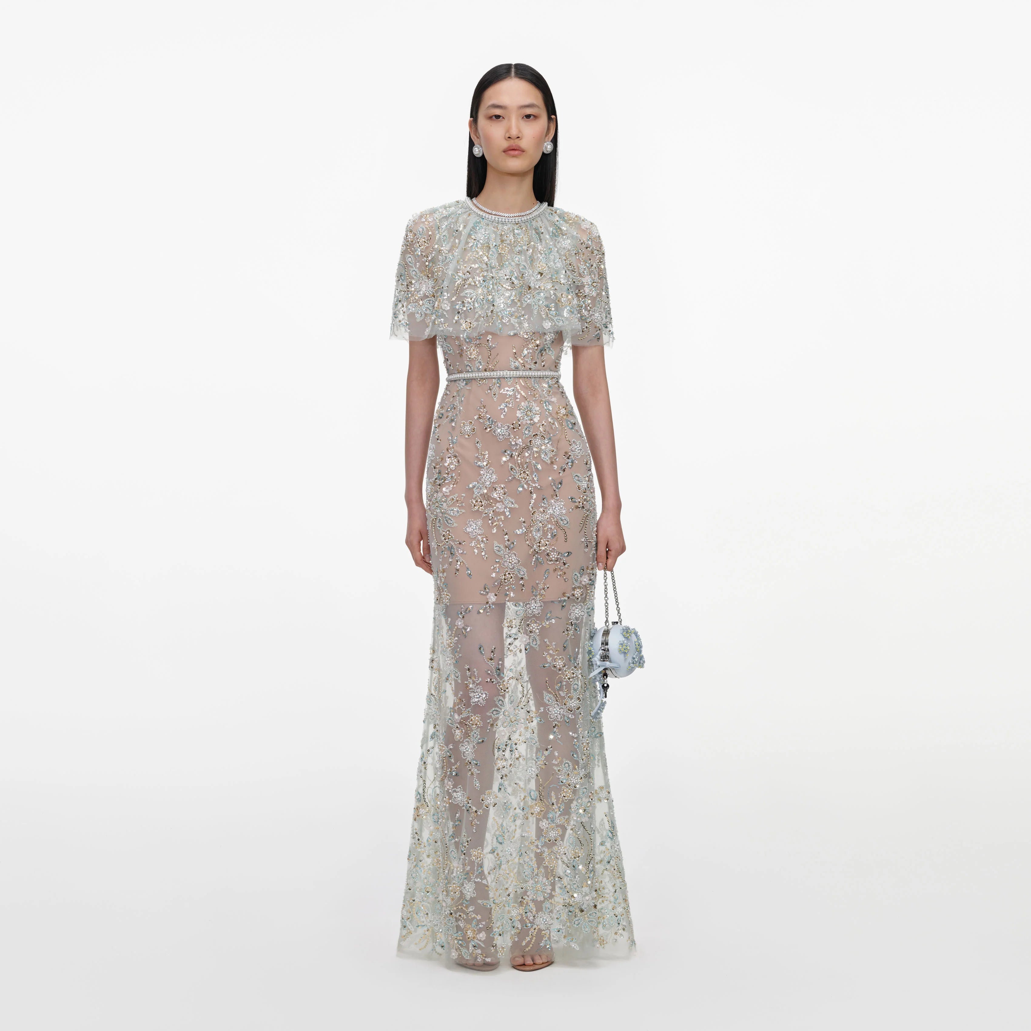 Mint Embellished Cape Maxi Dress