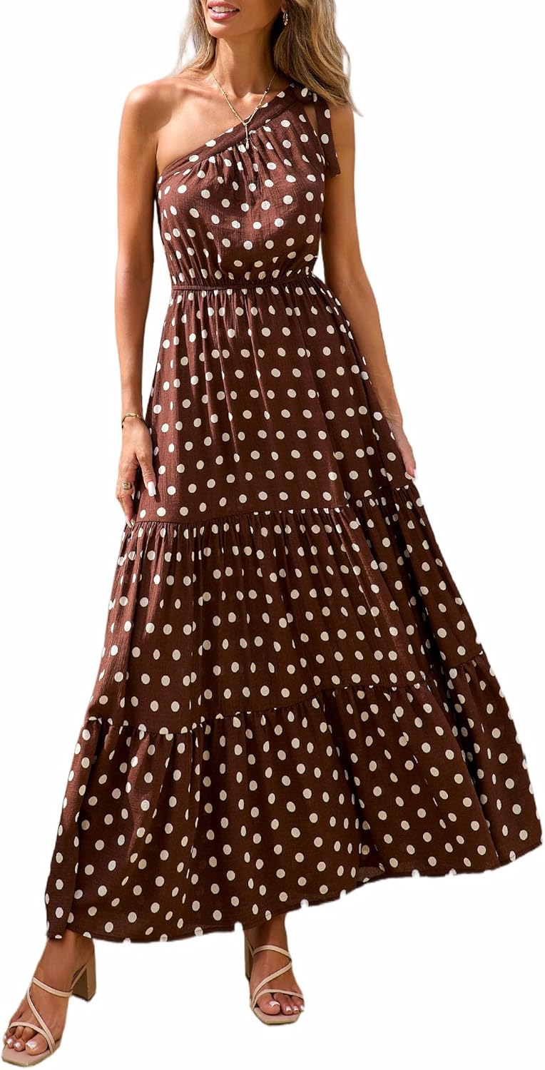 Women's Summer Floral One Shoulder Maxi Dress Knot Ruffle Boho Beach Vacation Wedding Guest Long Sun Dresses