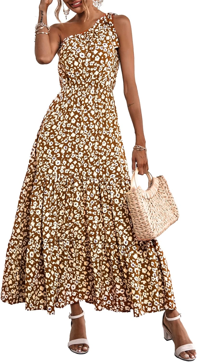 Women's Summer Floral One Shoulder Maxi Dress Knot Ruffle Boho Beach Vacation Wedding Guest Long Sun Dresses