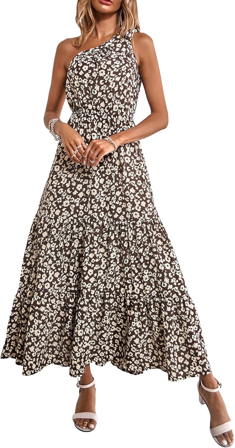Women's Summer Floral One Shoulder Maxi Dress Knot Ruffle Boho Beach Vacation Wedding Guest Long Sun Dresses