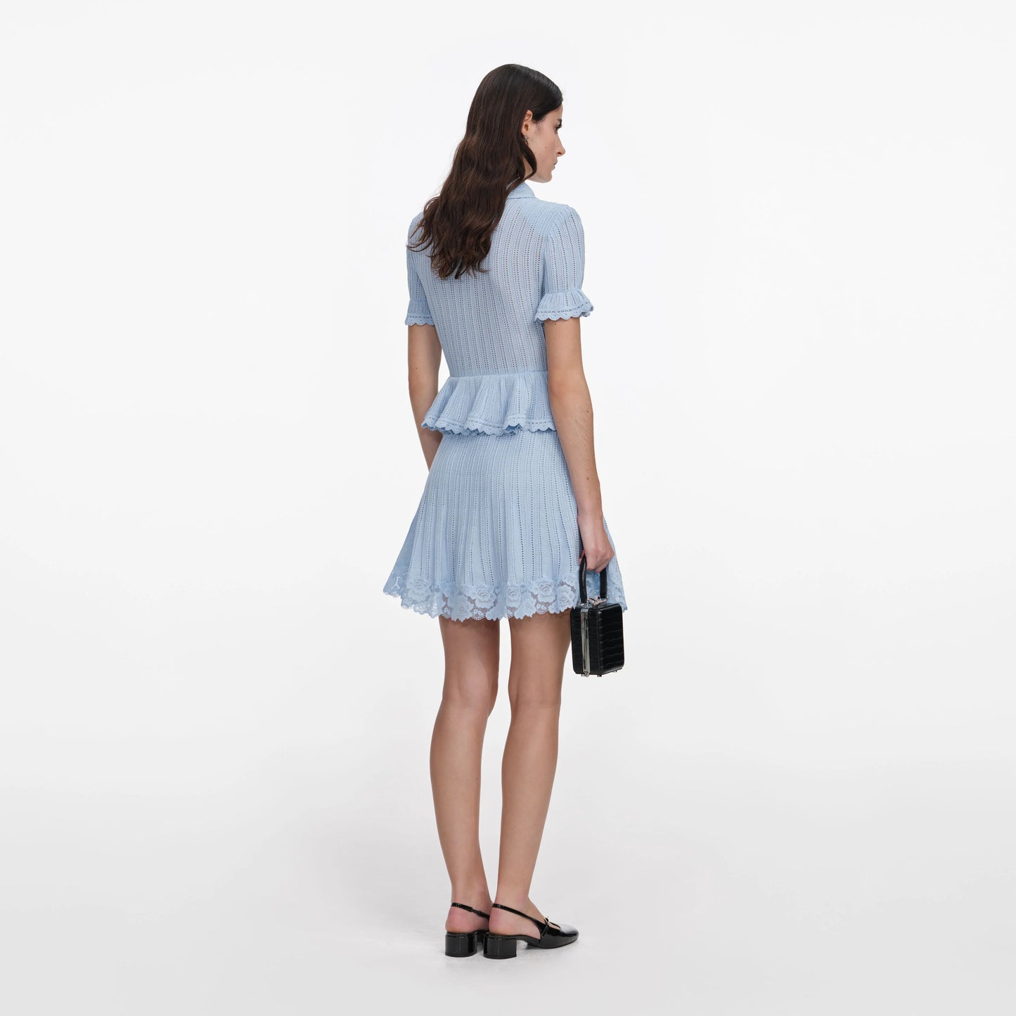 Blue Pointelle Peplum Knit Mini Dress