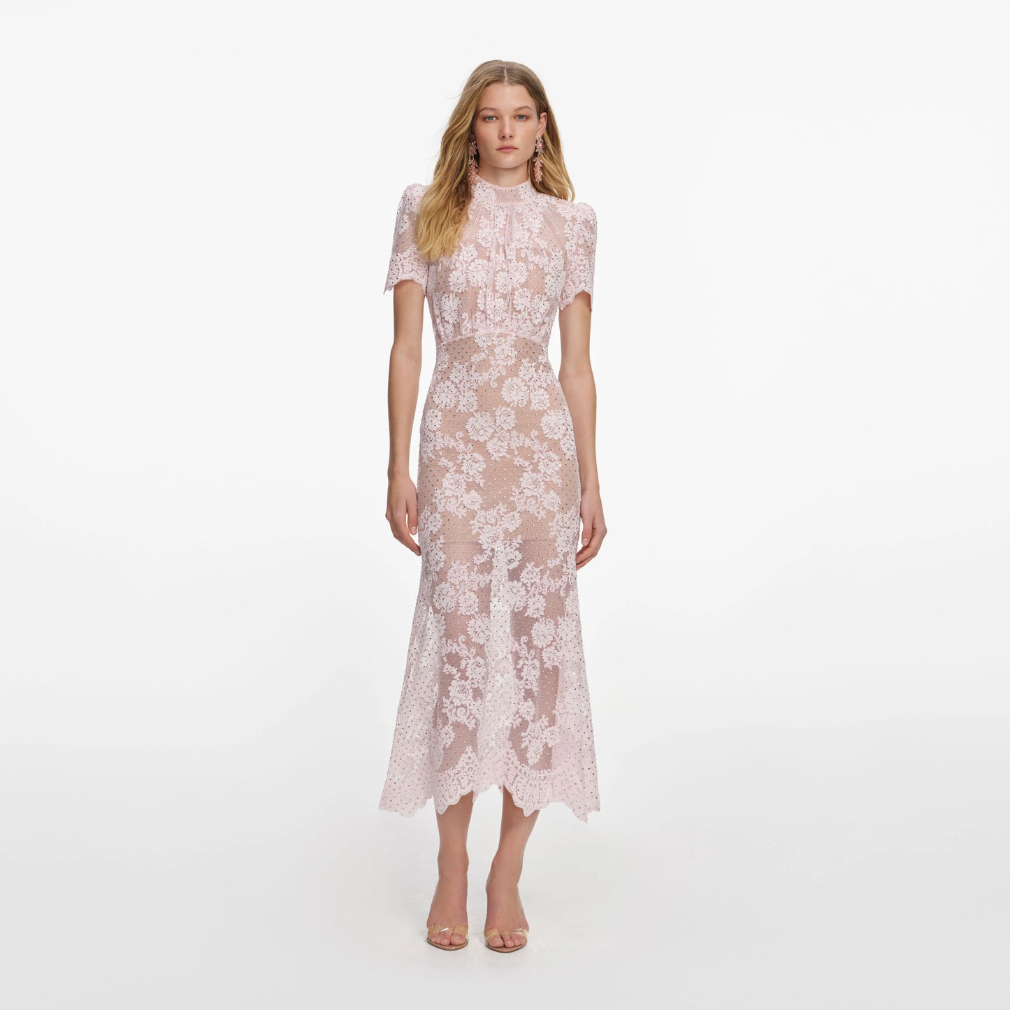 Pink Rhinestone Lace Midi Dress