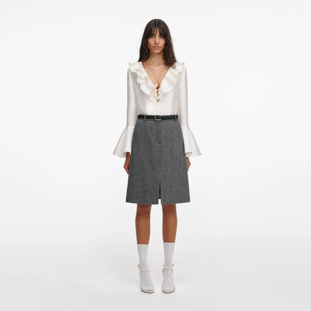 Grey Herringbone Midi Skirt