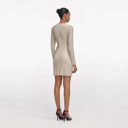 Champagne Rhinestone Lace Trim Mini Dress