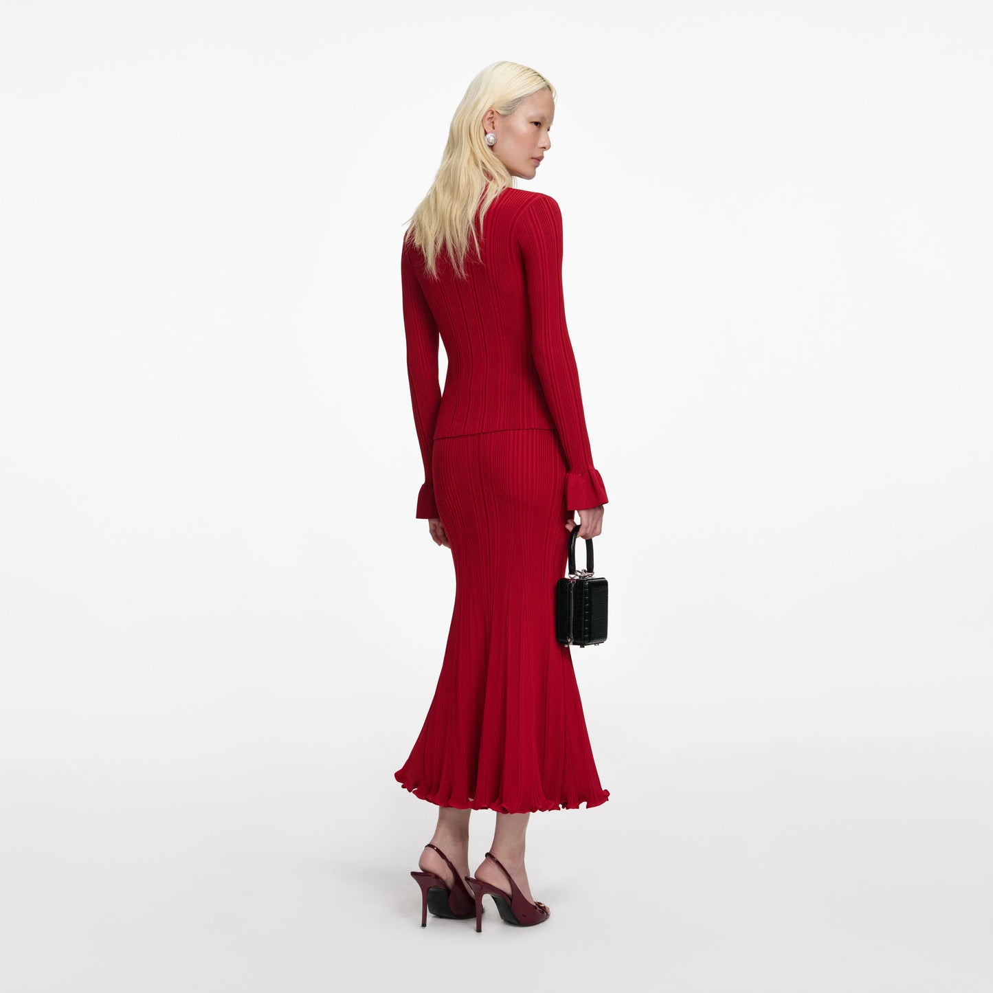 Red Viscose Knit Midi Skirt