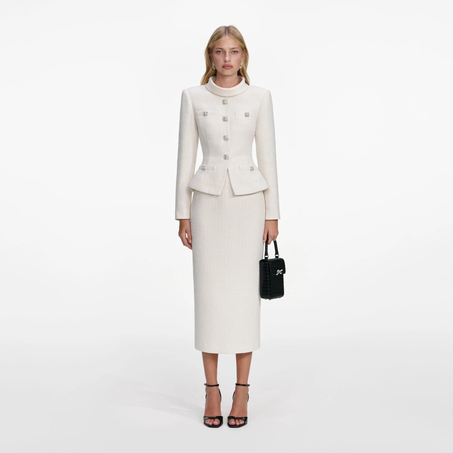 Cream Boucle Tailored Midi Dress