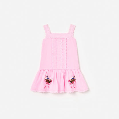 Pink Ramie Flower Embroidered Dress