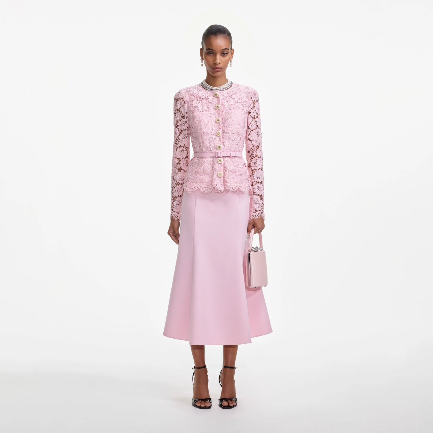 Pink Tailored Lace Midi Dress