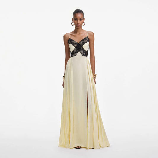 Yellow Satin Lace Maxi Dress