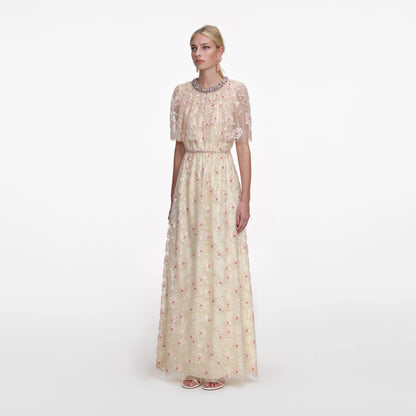Champagne Floral Embellished Maxi Dress