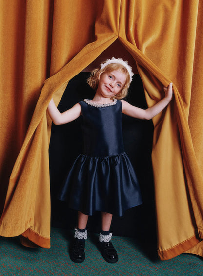 Navy Flower Scallop Taffeta Dress