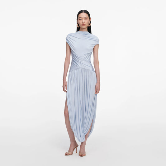 Blue Jersey Gathered Midi Dress