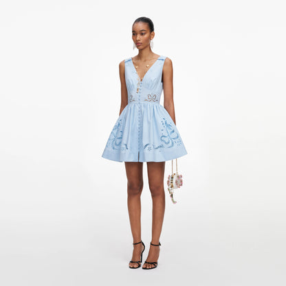Blue Cotton Embroidered Mini Dress