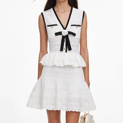 White Peplum Pointelle Knit Mini Dress