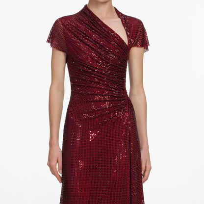 Red Rhinestone Drape Midi Dress