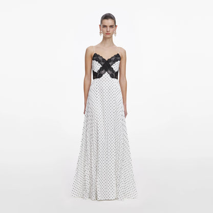 White Polka Dot Satin Lace Maxi Dress