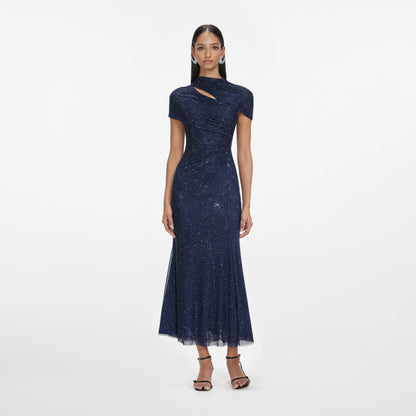 Navy Rhinestone Mesh Cut Out Midi Dress
