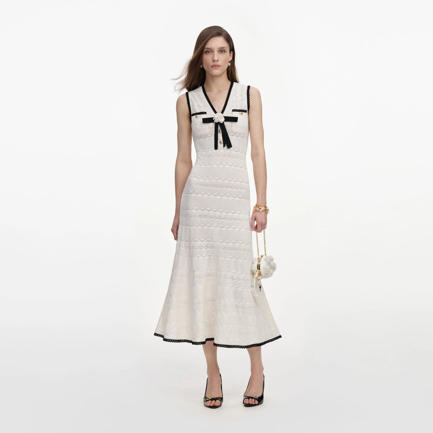 White Pointelle Knit Bow Midi Dress